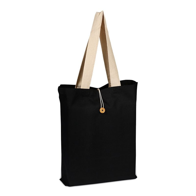 BAGANDTOTE.COM CANVAS TOTE BAG BLACK / NATURAL 100% Cotton Colored Button-Up Canvas Tote with Natural Handles